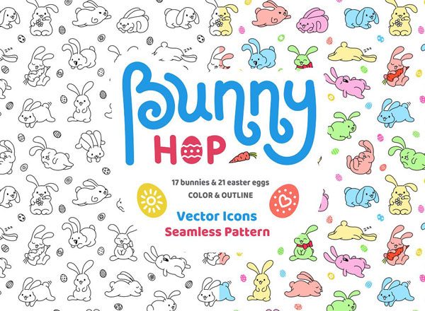 兔子跳图标及复活节彩蛋纹理素材集合 Bunny Hop Icons And Seamless Pattern
