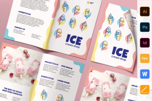 雪糕店对折页传单设计模板 Ice Cream Shop Brochure Bifold