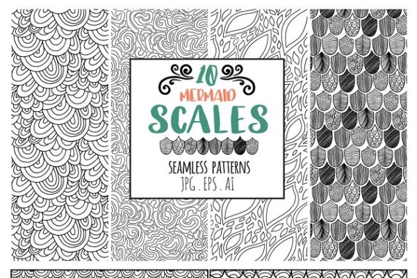 美人鱼鳞片线条图案无缝纹理 Mermaid Scales Seamless Line Pattern