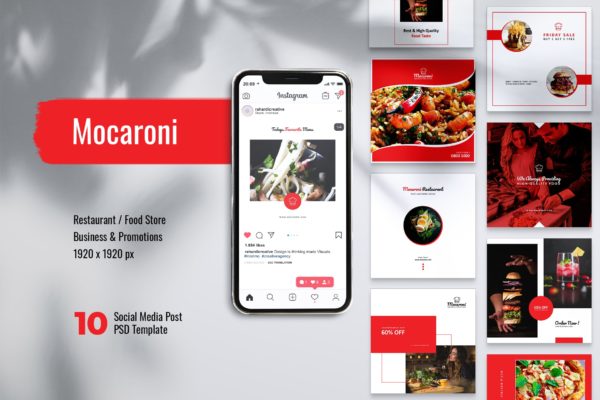 餐馆美食主题Instagram&amp;Facebook社交文章贴图设计PSD模板16图库精选 MOCARONI Restaurant/Food Instagram &amp; Fac