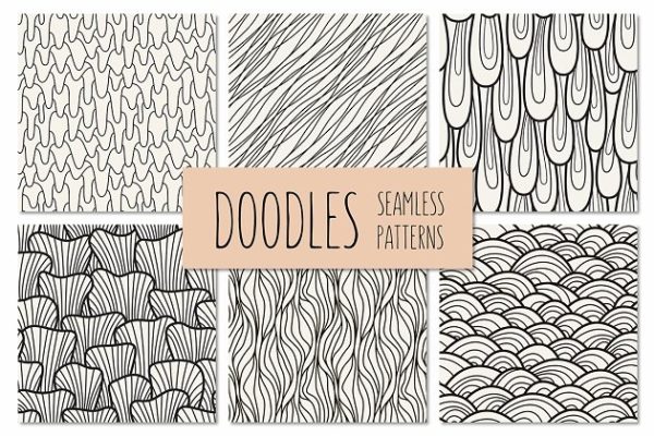 手绘涂鸦无缝线条重叠图案 Hand drawn Doodles Seamless Patterns