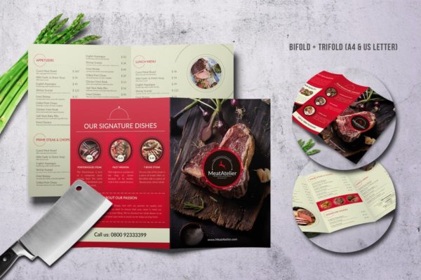 烧烤吧烤肉美食菜单PSD设计模板 Meat Atelier Menu Bundle (A4 + US Letter)