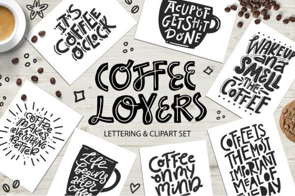 Coffee Lovers一组剪贴画及手绘字体元素