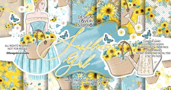 向日葵女孩水彩背景图案纹样设计素材 Sunflower Girl digital paper pack