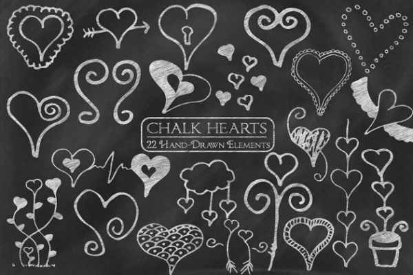 粉笔手绘心型元素剪贴画 Chalk Hearts Hand-Drawn Elements