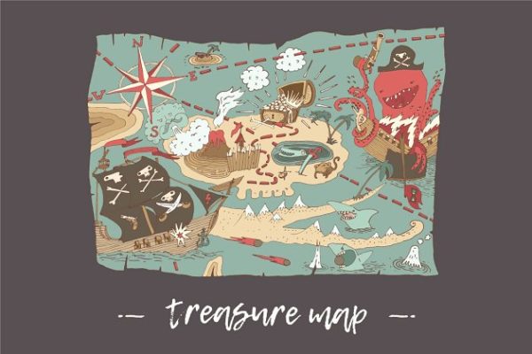 海盗岛地图矢量图形 Island treasure map, Pirate map
