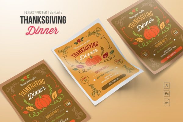 感恩节晚宴活动海报设计模板 Thanksgiving Dinner
