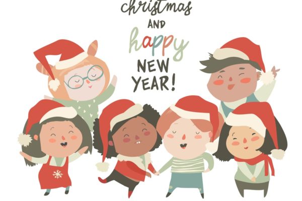 圣诞节主题儿童矢量插画[白色背景] Group of children different nationalities in chris