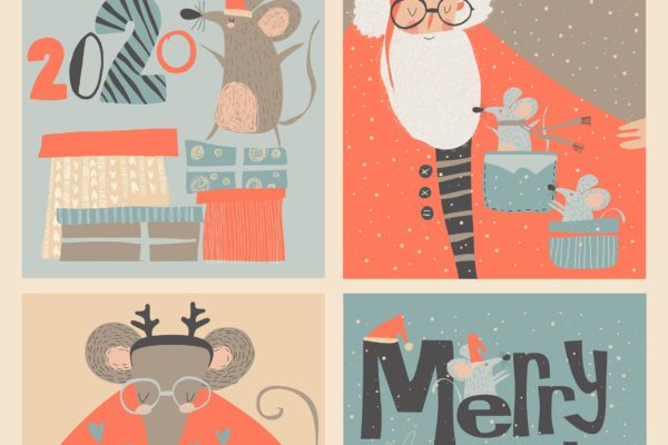 可爱卡通老鼠&amp;驯鹿绘图案圣诞节贺卡设计模板v2 Vector set of Christmas cards with cute mouse and