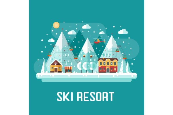冬季滑雪场扁平设计风格场景插画 Winter Ski Resort Flat Landscape