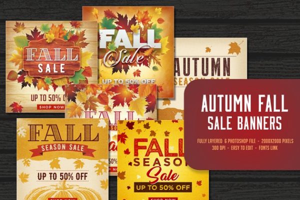 秋天枫叶背景促销广告Banner模板素材天下精选 Autumn Fall Sale Banners