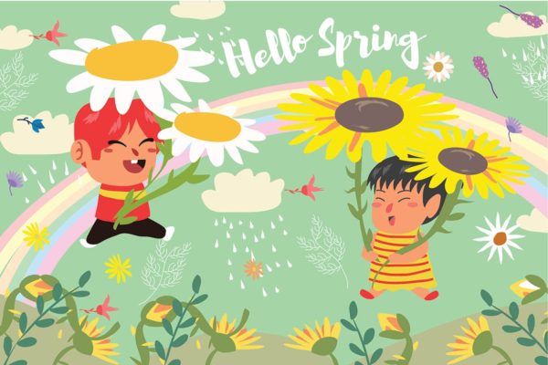 春天儿童乐园主题矢量插画素材 Hello Spring &#8211; Vector Illustration