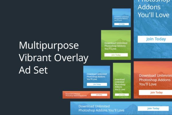 17个多用途AdSense尺寸兼容16图库精选广告模板素材 Multipurpose Vibrant Overlay Ad Set
