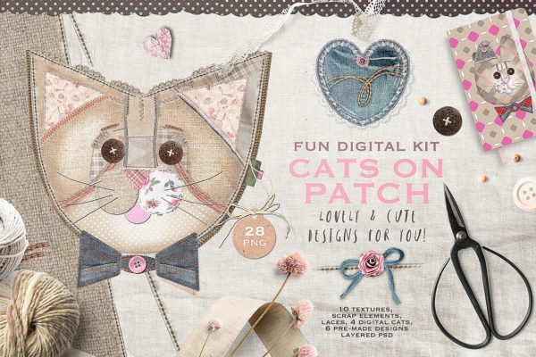 布艺拼接缝制风格猫动物插画 CATS ON PATCH
