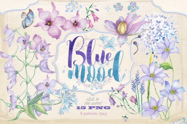 蓝色手绘水彩花卉插画素材合集 Floral collection &quot;Blue mood&quot;