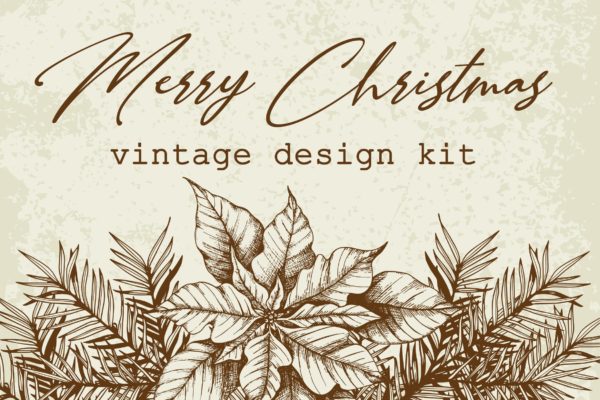 圣诞主题复古设计风格素材包[元素/背景/无缝纹理] Merry Christmas Vintage Design Kit
