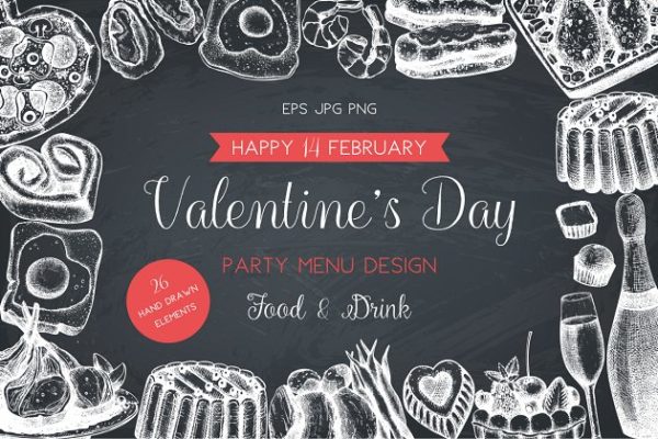情人节主题西餐菜单模板 Vector Menu for Valentine&#8217;s Day