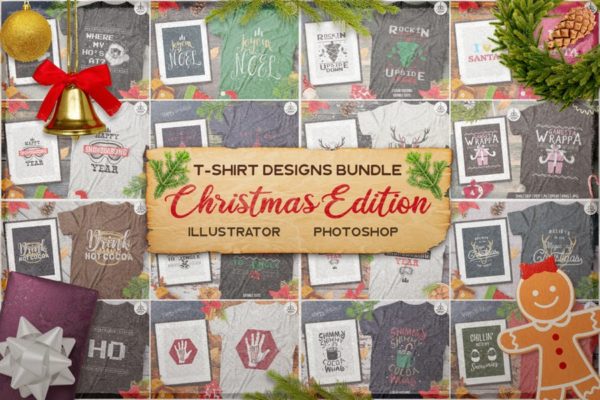 20款圣诞节主题复古风T恤印花图案设计素材包 Christmas T-Shirt Designs Retro Bundle. Xmas Tees