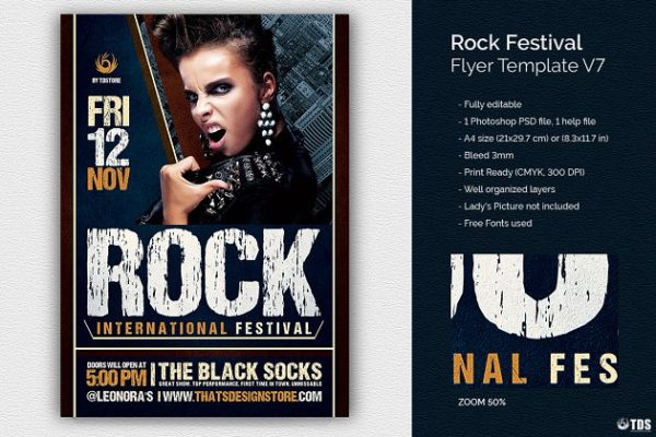 暗色调摇滚音乐节海报设计PSD模板V7 Rock Festival Flyer PSD V7