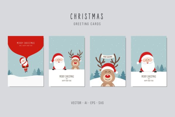 圣诞老人&amp;驯鹿矢量圣诞节贺卡设计模板v2 Christmas Santa Claus and Reindeer Vector Card Set