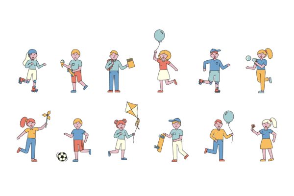 儿童乐园人物形象线条艺术矢量插画16素材网精选素材 Children Lineart People Character Collection