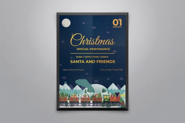 圣诞列车圣诞节主题活动海报传单设计模板 Christmas Party Flyer and Poster Template