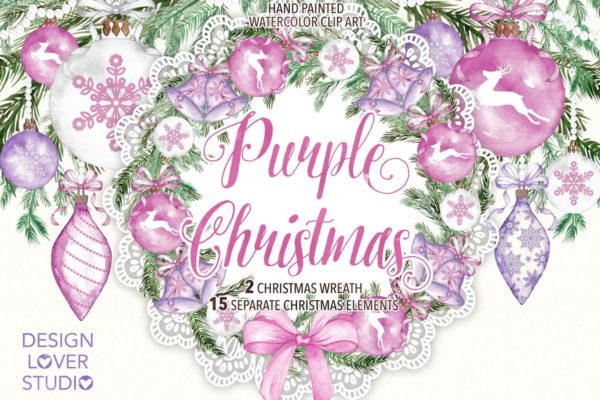 紫色圣诞节水彩元素插画设计素材 Watercolor &#8220;Purple Christmas&#8221; design