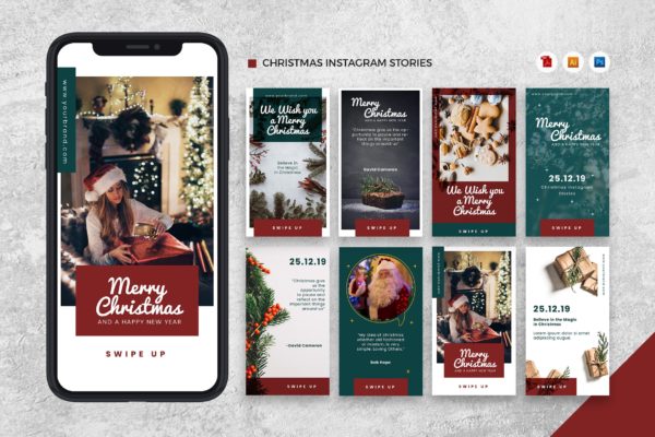 圣诞节主题Instagram社交推广设计素材 Merry Christmas Instagram Stories AI and PSD