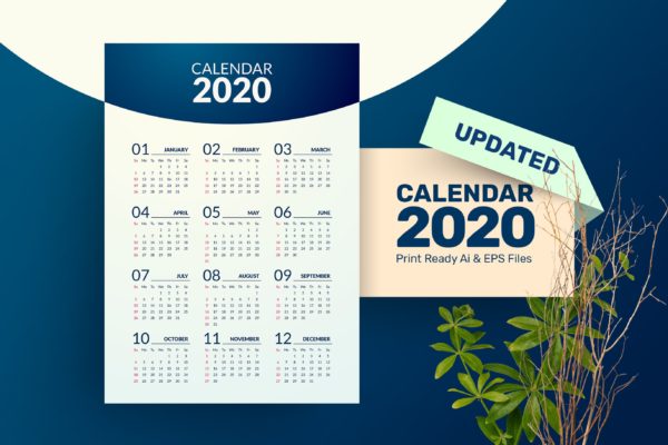 极简风格2020年挂历设计模板 Minimal Calendar 2020
