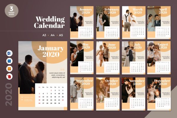 婚纱摄影婚礼定制2020年日历表设计模板 Wedding Calendar 2020 Calendar &#8211; AI, DOC, PSD