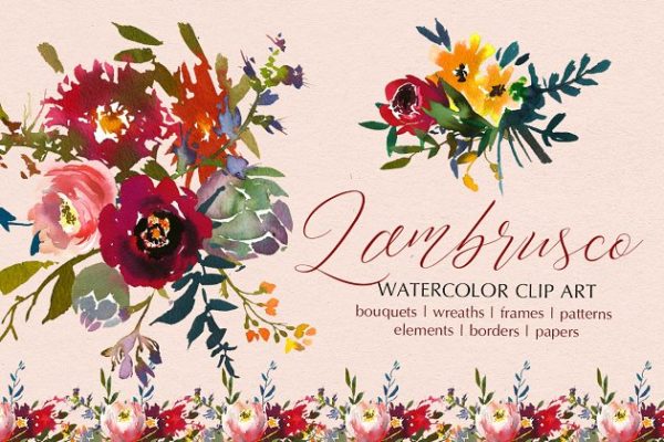 波尔多水彩花卉艺术设计素材 Bordo Watercolor Floral Clip Art Set