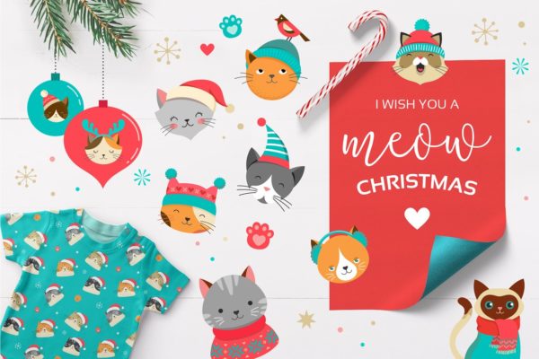 可爱的卡通圣诞猫系列手绘剪贴画 Cute Christmas Cats Bundle