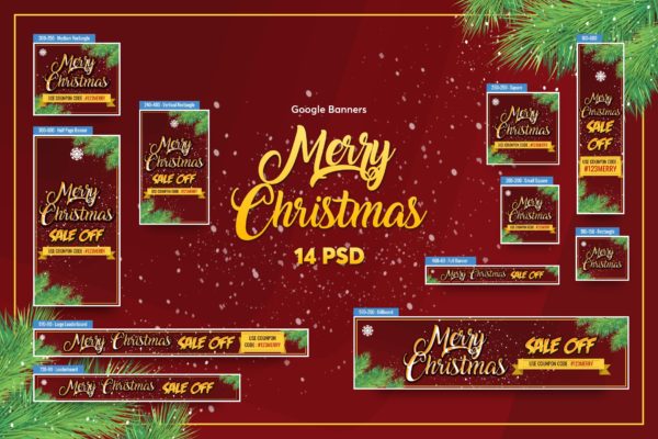 圣诞节主题谷歌广告Banner设计全尺寸套装模板v1 Merry Christmas Banners Ad PSD Template
