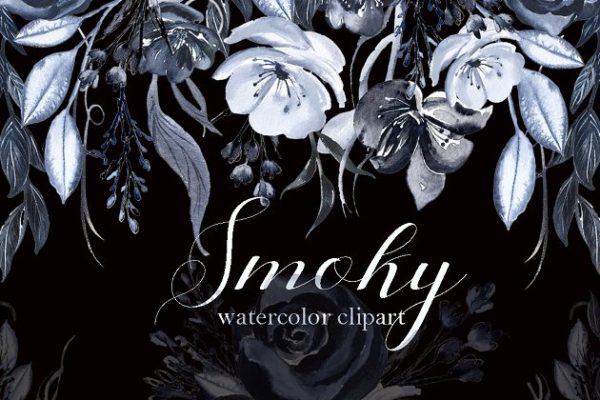 烟熏黑灰色水彩插花艺术图案 Smoky Black grey watercolors flowers