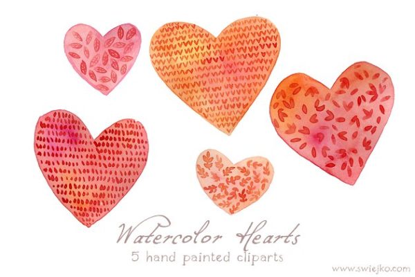 多种图案风格水彩心形 Watercolor Hearts