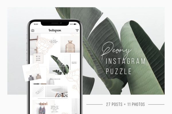 Instagram社交平台拼图设计风格贴图模板16图库精选 Peony Instagram Puzzle Template + 11 Photos