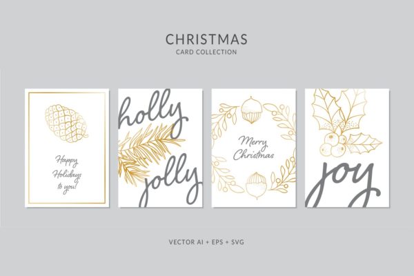 简笔画圣诞节植物手绘圣诞节贺卡设计模板 Christmas Greeting Card Vector Set