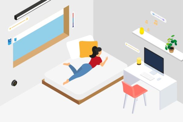 智能家居卧室等距概念图矢量插画 Smart Home Bedroom Isometric Illustration