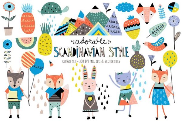 可爱的森林动物园卡通剪贴画 Cute Scandinavian Animals &amp; Designs