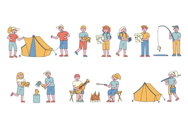 野营户外运动主题人物形象线条艺术矢量插画16图库精选素材 Campers Lineart People Character Collection