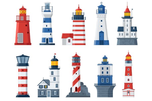 扁平设计风格灯塔和海上指示灯矢量图形素材 Flat Lighthouses and Sea Guide Lights