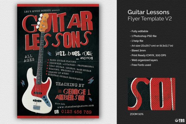 吉他教学机构推广传单PSD模板V2 Guitar Lessons Flyer PSD V2