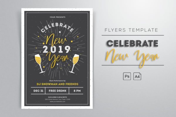 香槟图形新年祝酒会年会2019新年海报设计模板 New Year 2019 Flyers