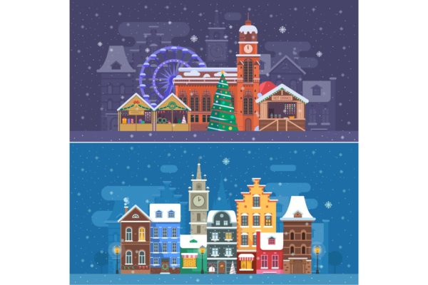 圣诞节主题雪城场景矢量插画素材 Snow City and Winter Festival Banners