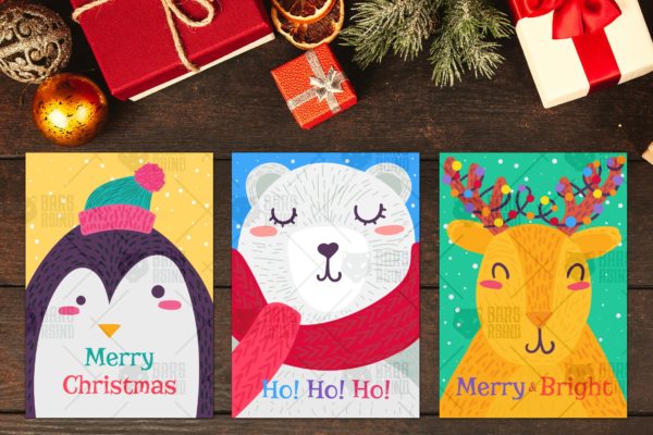 圣诞节主题卡通动物手绘图案贺卡设计模板 Christmas Greeting Cards With Animals Set