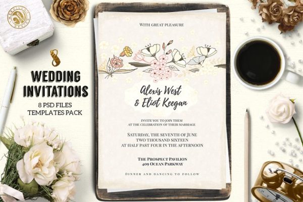 手绘花卉装饰婚礼邀请函设计模板合集 8 Wedding Invitations Pack