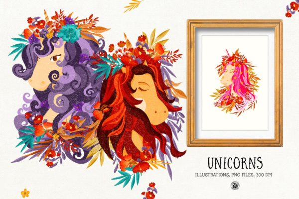 色彩丰富的独角兽16图库精选手绘插画矢量16图库精选PNG素材 Unicorns