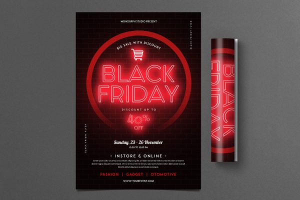 黒五购物节促销广告霓虹灯设计风格海报模板 Black Friday Flyer