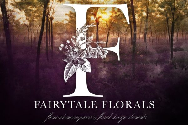手绘花饰字母插画合集 Fairytale Florals Monogram Set