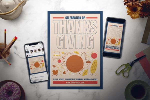 简约设计风格感恩节节日海报传单设计模板 Thanksgiving Flyer Set